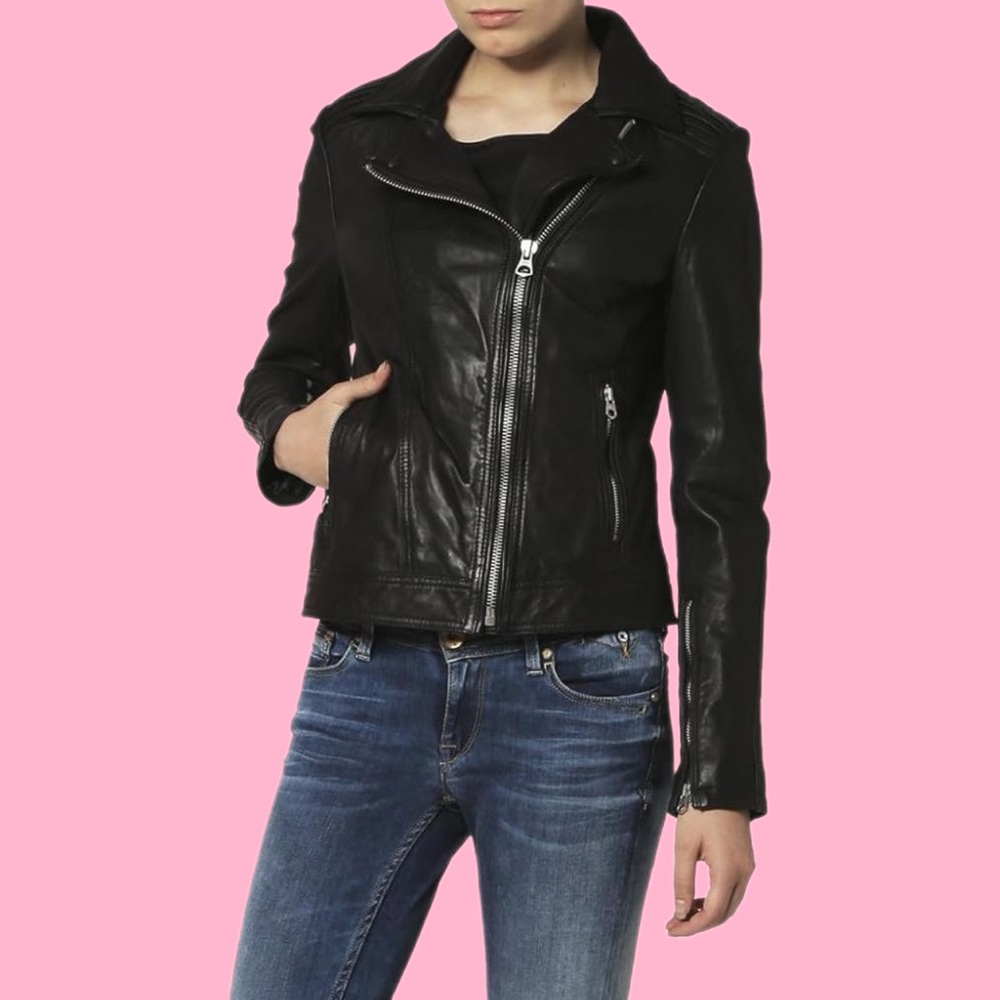 NWT $15 OFF MNG Mango Women’s Black Lambskin Genuine Leather Jacket Size Small
